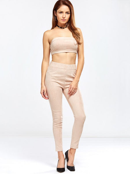 Faux Suede Bandeau Top and High Rise Pants