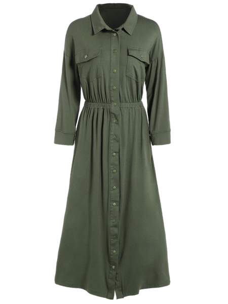 Fashion Midi Shirt Military Dress With Pockets