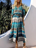 Floral 3/4 Sleeve V Neck Maxi Chiffon Bohemia Dress 
