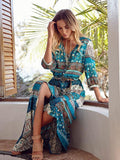 Floral 3/4 Sleeve V Neck Maxi Chiffon Bohemia Dress
