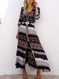 Floral 3/4 Sleeve V Neck Maxi Chiffon Bohemia Dress
