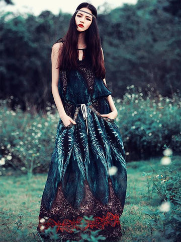 Floral-Print Sleeveless Chiffon Beach Bohemia Dress