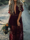 Wine Red Lace Solid Color Short Sleeve Deep V Neck Side Split Maxi Dress
