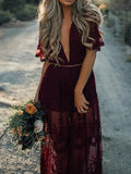 Wine Red Lace Solid Color Short Sleeve Deep V Neck Maxi Dress