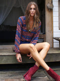 Noble Floral-Print Long Sleeve Deep V Neck Bohemia Beach T-Shirt Tops