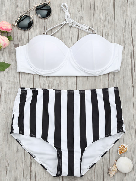 High Waisted Striped Halter Bikini Swimwear 