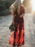 Wine Red Lace Solid Color Short Sleeve Deep V Neck Side Split Maxi Dress