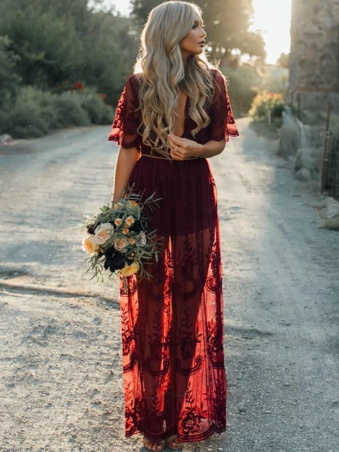 Wine Red Lace Solid Color Short Sleeve Deep V Neck Maxi Dress Ncocon Wine Red Lace Solid Color Short Sleeve Deep V Neck Maxi Dress Ncocon