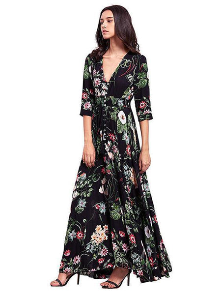 Bohemia Floral Printed V Neck Maxi Dress