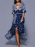 Floral Split-side With Raised Bands Short Sleeve V-neck Maxi Dress