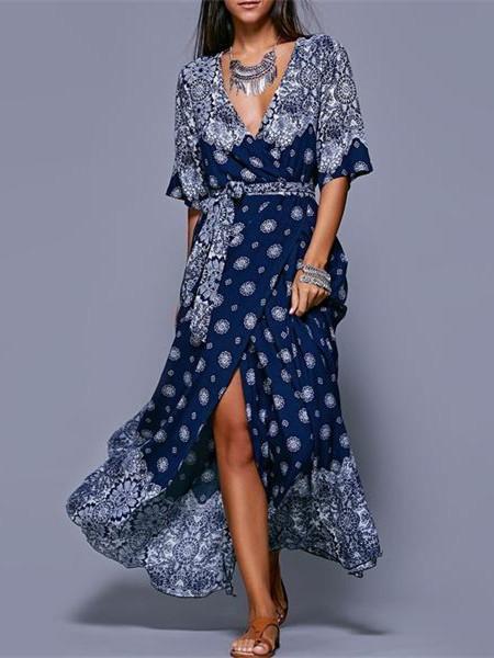 Floral Split-side With Raised Bands Short Sleeve V-neck Maxi Dress