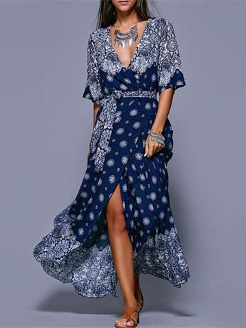 Floral Split-side With Raised Bands Short Sleeve V-neck Maxi Dress
