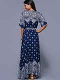 Floral Split-side With Raised Bands Short Sleeve V-neck Maxi Dress