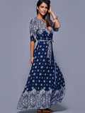 Floral Split-side With Raised Bands Short Sleeve V-neck Maxi Dress