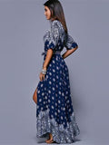 Floral Split-side With Raised Bands Short Sleeve V-neck Maxi Dress