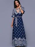 Floral Split-side With Raised Bands Short Sleeve V-neck Maxi Dress