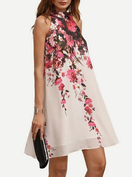 Summer Chiffon Floral Printed A-line Sleeveless Mini Dress
