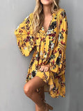 Short Yellow Floral Flared Sleeves V-neck Mini Dress