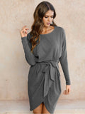 Winter Long Sleeve Asymmetric Belted Mini Dress