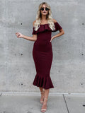 shoulder Falbala Sleeves Mermaid Midi Dress