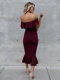 shoulder Falbala Sleeves Mermaid Midi Dress