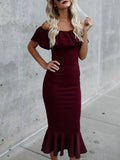 shoulder Falbala Sleeves Mermaid Midi Dress