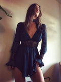 Blue Hollow Deep V-neck Backless Mini Dress