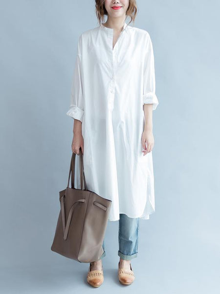 Stand-collar White Long Blouse Dress