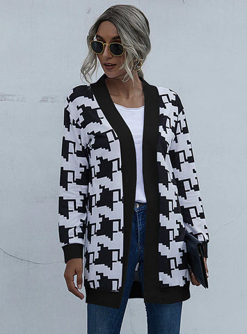 HOUNDSTOOTH PRINT LONG SLEEVE SWEATER COAT