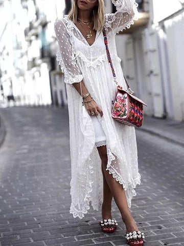 White Romantic V-neck Long Sleeves Maxi Dresses