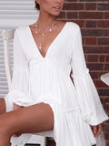 White Solid Deep V-neck Light Bohemia Mini Dresses