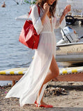 White Long Sleeve Chiffon Maxi Beach Dress Cover-up