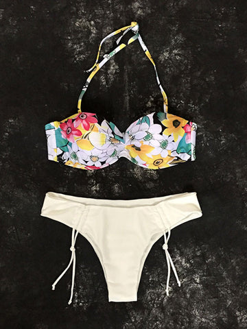 Drawstring Fast Drying  Printed Halter Elastic Backless Bikinis 