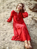 Red Bohemia Inwrought Long Sleeve V Neck Beach Long Dress