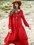 Red Bohemia Inwrought Long Sleeve V Neck Beach Long Dress