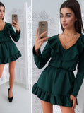 Autumn Solid Color Ruffles Sashes Women Dress 2018