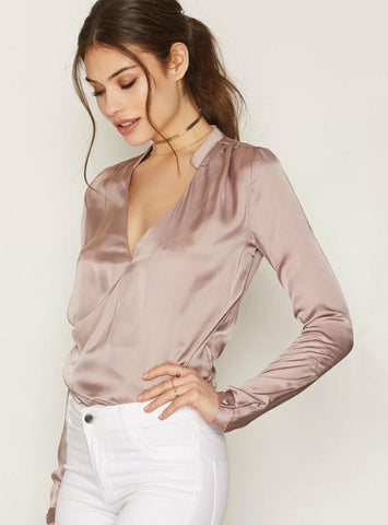 PINK V-NECK WOMEN BLOUSES LONG SLEEVE SHOULDER