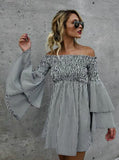 OFF SHOULDER STRIPE PARTY LADIES CASUAL DRESS LONG SLEEVE