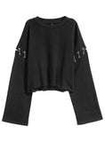 BLACK SWEATSHIRTS WOMEN HOLLOW OUT METAL RING