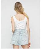 DENIM HIGH WAIST ABRASION IRREGULAR BURRS SHORTS