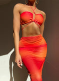 ORANGE HALTER MESH THREE-PIECE SPLIT SWIMSUIT