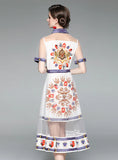 STITCHING MESH LAPEL SHORT SLEEVE PRINTED FAKE TWO-PIECE DRESS