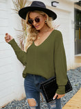 LOOSE BAT SLEEVE V-NECK BUTTON ROPE SWEATER