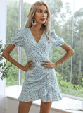 BUBBLE SLEEVE CHIFFON FLORAL V-NECK DRESS