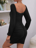 SEXY SQUARE COLLAR PLEATED LONG SLEEVE DRESS
