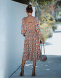 SQUARE COLLAR LONG SLEEVE PRINT DRESS