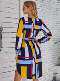 LARGE SIZE COLLAR COLOR BLOCK BELT DESIGN DRESS