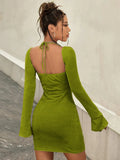 LONG-SLEEVED SPLIT OPEN BACK DRESS