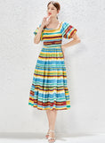 SQUARE COLLAR WAIST SLIM RAINBOW HOLIDAY DRESS