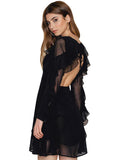 SOLID BLACK MINI DRESS RUFFLES LACE-UP CHIFFON